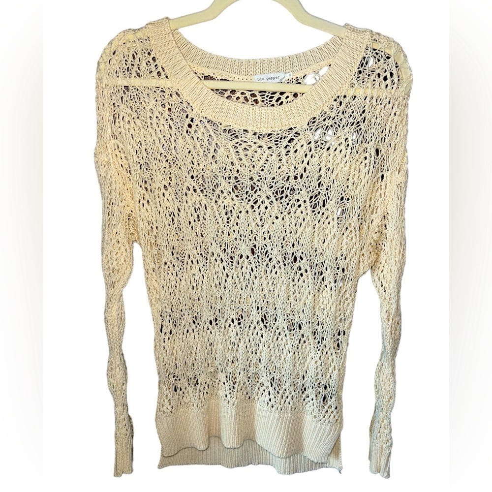 Blu Pepper Cream Open Knit Long Sleeve Layer Pullover Top Sweater Women’s Medium